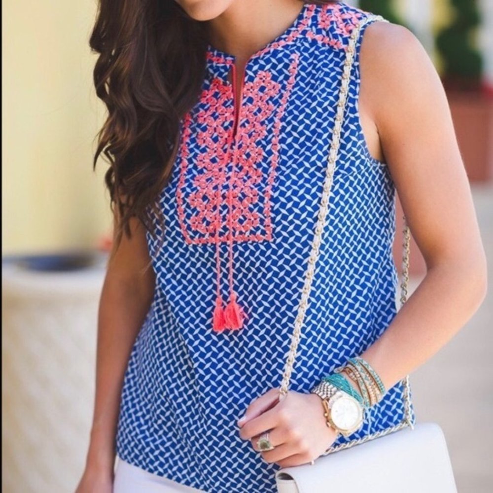 J.Crew Blue Diamond Hot Pink Embroiderd Tassle Top